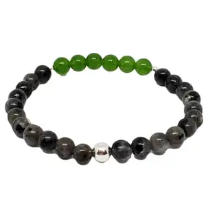 RRJEWELZ Natural Jade & Larvakite Round Shape Smooth Cut 8mm Beads 7.5 inch Stretchable Bracelet for Healing, Meditation, Prosperity, Good Luck | STBR_04409