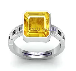 ANUJ SALES Certified Unheated Untreatet 7.25 Ratti A+ Quality Natural Yellow Sapphire Pukhraj Gemstone Silver Adjustable Ring for Women's and Men's