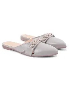 JM LOOKS Women's Pointed Toe Mules – Criss-Cross Slip-On Flats with Stylish Metallic Chain Detail for Casual & Office Wear - Khaki