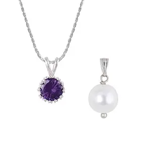 JFL - Jewellery for Less Fashion Combo of Silver Whitegold Plated Cubic Zircon Purple Round Solitaire and Japanese Pearl Pendant with Chain Women and Girls
