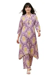 Winza Designer Floral Printed Co ord Set for Women Stylish Poly Rayon Fishtail Cut Tunic Kurta Set with Pant | Trending Party Ethnic Coord Sets for Woman | Plus Size S-6XL