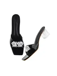SELFIEE Stone Studded Block Heels Attractive Fancy and Comfortable Transparent Party Kitten Heel For Womens & Girls