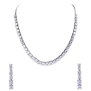 Ratnavali Jewels American Diamond Necklace set CZ Silver Plated Traditional Single Line Jewellery Set with Earring for Women/Girls RV3129W
