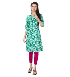 Women's Casual 3/4th Sleeve Floral Print Polyester Knee Length Straight Kurti (Green, L)-PID45493