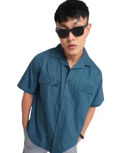 Beyoung Teal Blue Oxford Shirt for Men