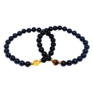 RRJEWELZ Black Onyx, Tigers Eye & Citrine 8mm Round Smooth beads Long Distance Couples Love Friendship Combo Bracelet Set - Couples Relationship 6 inch Stretchable Bracelets set|RR_CPBR_089_6