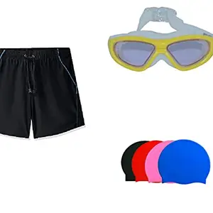 I-SWIM SWIMMING SHORTS V-216 BLACK BLUE PIPING SIZE 3XL WITH GOGGLES SILICONE IS-SG LARGE WITH BOX GREY AND 100% SILICONE SWIMMING CAP PLAIN RED