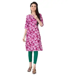 Women's Casual 3/4th Sleeve Floral Print Polyester Knee Length Straight Kurti (Rani, L)-PID45494