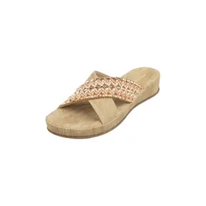 Mochi Women Beige Denim Multicolored Straps Comfortable Wedge Heel Slides UK/6 EU/39 (44-164)