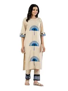 PASANDEEDA Women’s Cotton Kurta Pant Set | 2 Piece Straight Kurti with Applique Design & Lace Detail Pant | Casual Ethnic Wear | Office Wear Suit Set for Women