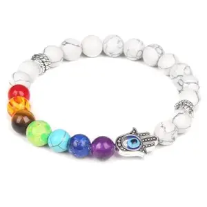 Karishma Kreations 7 Chakra Bracelet Howlite Tiger Evil Eye Crystal Stone Healing Lava Beads and Reiki Hamsa Evil Eye Hand Nazariya Style Bracelet for Women and Men and Gift