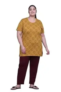 In Love Women's Cotton Plus Size Half Sleeves Semi Long All Over Printed Tshirt for Summers with One Side Pocket for Ladies L to 7XL