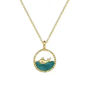 Whale Ocean Pendant Necklace, Blue Enamel Circle Design