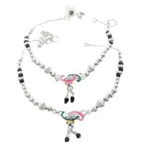 Lovemi Movements Silver Beaded Anklet with Multicolour Peacock Design, Black Crystal Drops, Traditional Women's Jewellery