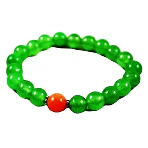 RRJEWELZ Natural Green Jade With Orange Jade Round Shape Smooth Cut 8mm Beads 7.5 inch Stretchable Bracelet for Healing, Meditation, Prosperity, Good Luck | STBR_03876