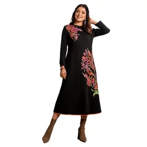 Rustorange Women's Midi Black Acrylic Floral Flared Dress - (ZKP1141SK04_Black_XS)