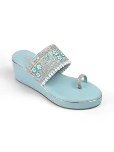 TOUCH HEEL Women's Ethnic Wedge Heels | Embroidered Slip-On Sandals with Pearl & Stone Detailing | Traditional Festive Footwear. (FIROZI, UK Footwear Size System, Adult, Women, Numeric, Medium, 4)