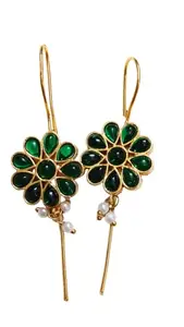 Floral Drop Earrings with Green Stones and Pearl Accents, Gold-Toned, Traditional Design, monalisa stone studed demifing golden polish pin bugardi