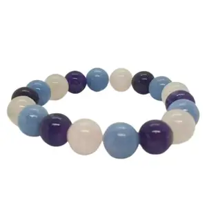Lady Works natural angelite, rose quartz & amethyst 10mm round shape smooth cut beads stretchable bracelet for men & women. unisex 7.5 inch stretchable bracelet for healing, meditation, prosperity, gift & luck|LW_BRST_09870_7.5
