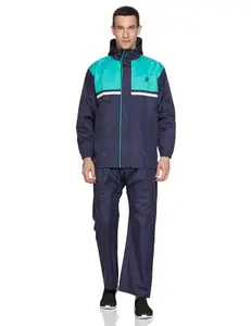 Amazon Brand - Symactive Polyester Water-Resistant Raincoat Jacket with Pants | Adjustable Hood | Raincoat for Bike Riders | (Unisex, Navy Green, 2XL)