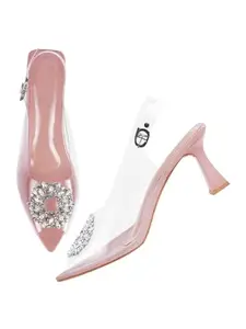 TRYME Fancy Embellished Transparent Versatile Spool Heel Sandal Comfortable Heel Stiletto Heel Pump Shoes for Women & Girls