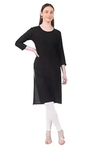 Women’s Black Rayon Straight Kurti | 3/4 Sleeve Embroidered Kurta | Casual & Office Wear