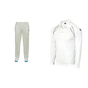 GM 7130 Men's Cricket Trouser Size-Large, White/Navy & 7205 Full Sleeve Men's Cricket T-Shirt Size-Large, White/Navy Combo