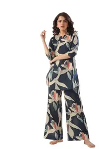 JISORA Women's Organic Printed Pure Cotton Blue Pyjama Top Night Suit Set