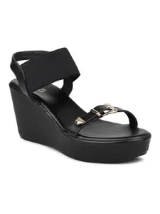Inc.5 Women Black Wedge Sandals with Buckles