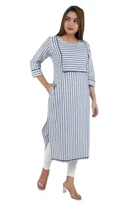MK Classic Women Kurti South Cotton 3/4Th Sleeves Fawn Striped Ethnic Wear Kurta for Women and Girls Round Neck White & Blue (Small)