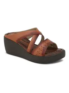 pelle albero Women's Tan Leather Slip-On Wedge Heel Sandals PA-LM-FR11_TAN_36