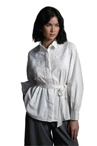 Origani Women's Cotton Casual Embroidered Collared V-Neck Ivory Rose Shirt (M)