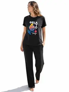 WAKE WILD Co-Ord Set for Women | Cotton Night Suit | Relaxed Fit | Printed T-Shirt & Wide Leg Pant with Pockets | Half Sleeve Round Neck | Stylish Loungewear & Travel/Holiday wear