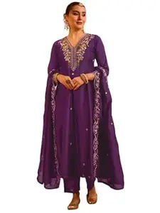 Naixa Women's Vichitra Silk Embroidered Flared Kurta with Pant and Dupatta Sets (NX5-695)
