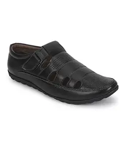UrbanMark Men Comfortable Faux Leather Slip-On Floaters Sandals- Black_8905723020064