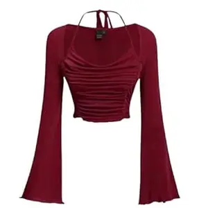 for Women Polyester Long Sleeve Hatler Neck Crop Top – Slim Fit Stretchy Casual Wear