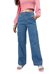 Dolce Crudo Women's Wide Leg High Rise Regular Stretchable Denim Jeans (DOAW24DEN92-53-115-30, Blue, 30)