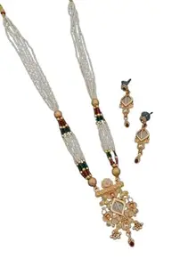 High Gold Rajwadi Tri-Leaf Pendant Mala Set with Floral Kundan Detailing