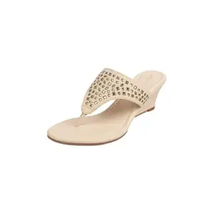 Metro Women Beige embossed mirrorwork Wedge Heel Fashion Sandal UK/7 EU/40 (32-935)