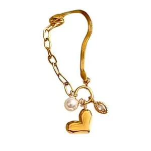 Elegant Gold Chain Bracelet with Heart Charm, Pearl and Eye shape design crystal anti tarnish 18kt Gold Polish