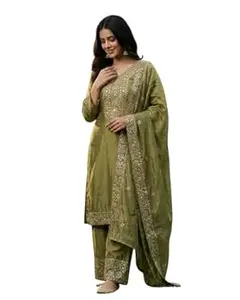 JIYA'S Collection Women Eid Special Fendy Silk Embroidered Kurta Palazzo Set with Dupatta