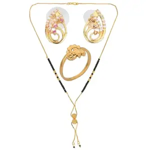 AanyaCentric Gold-plated Jewelry Combo: Elegant Short Mangalsutra, Ring, and American Diamond Earrings Pair - Stylish Accessories for Women