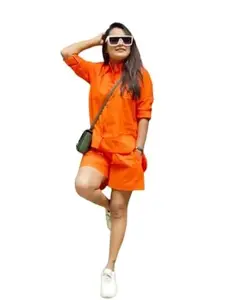 Women’s Suit| Women's Short Set | Lounge-wear Set | Summer Wear | Printed Casual Shorts Set | Beach Wear Orange Color L