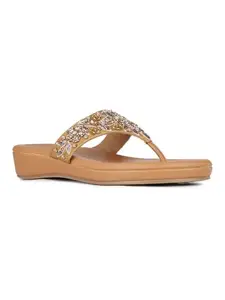 Inc.5 Womens Golden Ethnic Embellished T-Strap Flat Slip-On Sandals