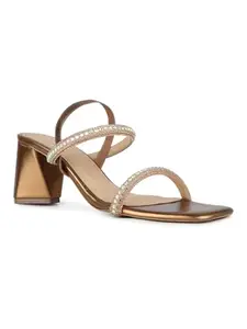 Inc.5 Women Golden Party Wear Embellished Pattern Square Toe Block Heels