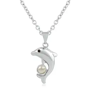 Oviya Rhodium Plated Diving Dolphin Pendant with white crystal stones PS2101630RWhi