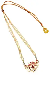 Traditional Pearl Tanmani Necklace, Copper Base Gold Plated, Peacock Design with Pink Stones, Maharashtrian Jewellery