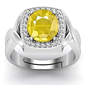 JAGDAMBA GEMS 5.25 Ratti Yellow Sapphire Stone Adjustable Ring Original and Certified Natural Pukhraj Unheated and Untreated Gemstone Free Size Anguthi for Men and Women