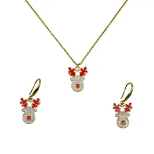 Digital Dress Room Christmas Necklace & Earring Set White & Red Reindeer Charm Gold Plated Pendant for Women Girls & Kids Thanksgiving Xmas Party Gifts