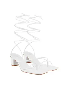 Shoetopia Elegant White Block Heel Sandals with Gladiator Detail | Chic Lace-Up Straps | Comfortable Summer Footwear for Women EU39